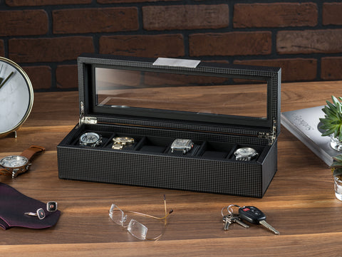 Glenor Co Valet Jewelry Watch Box for Men - Carbon Fiber Texture Organizer  with Glass Top, Drawer & …See more Glenor Co Valet Jewelry Watch Box for