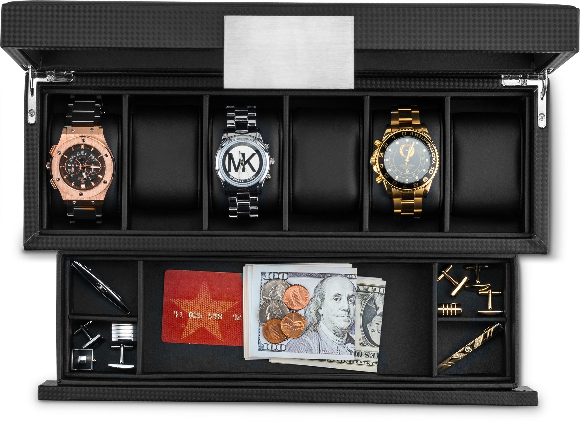 Men's Watch Box Organizer With Valet Drawer - 6 Slots