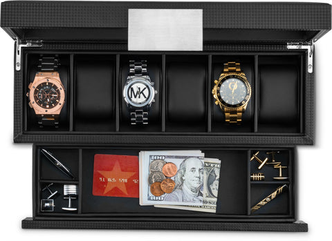 Men's Watch Box Organizer With Valet Drawer - 6 Slots