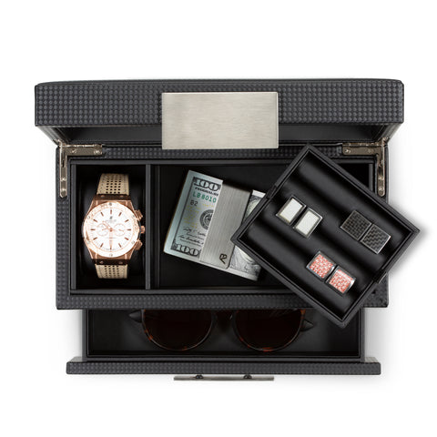 2 Slot Watch Box & Cufflink Tray Organizer with Valet Drawer